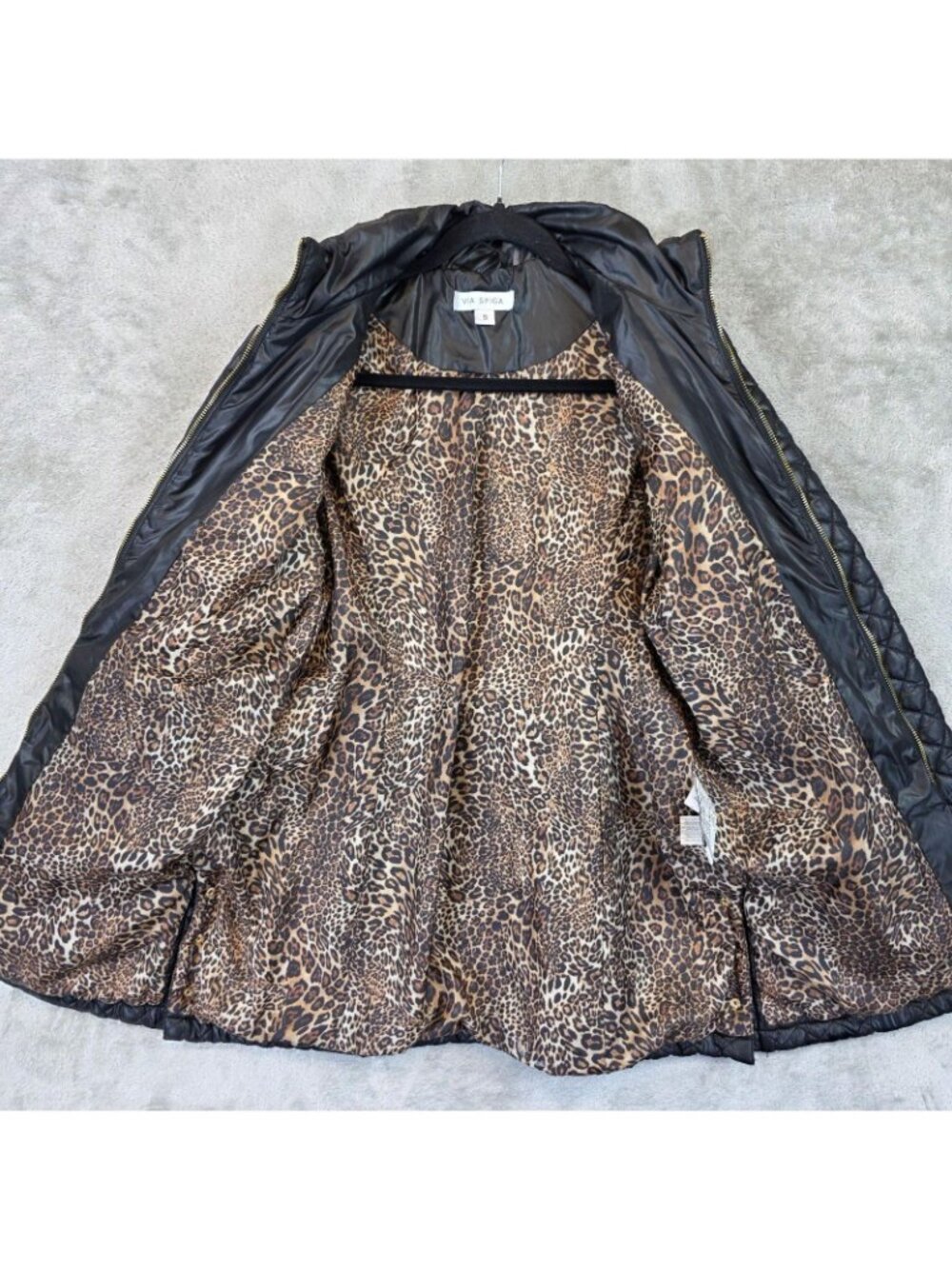 Via Spiga Coat Womens Small Black Quilted Belted Zip Leopard Lining Mid Length - Picture 4 of 12